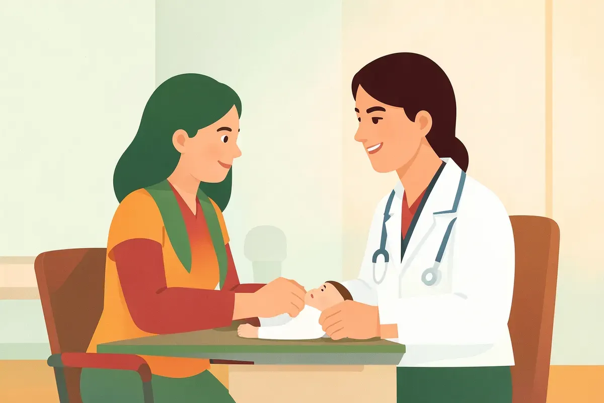 Mamá conversando con el pediatra sobre la salud de su hijo.