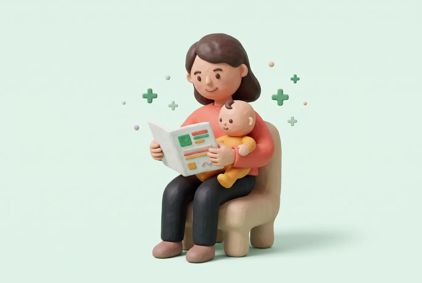 Mamá con su bebé en brazos mirando un carnet de vacunas.