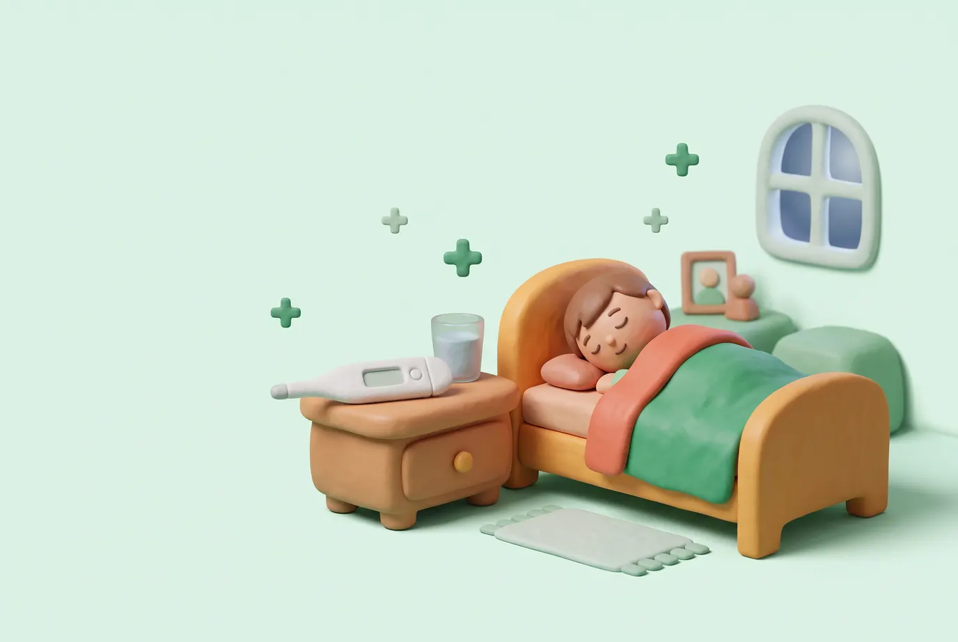 Niño durmiendo tranquilo en la cama con un termómetro al lado.