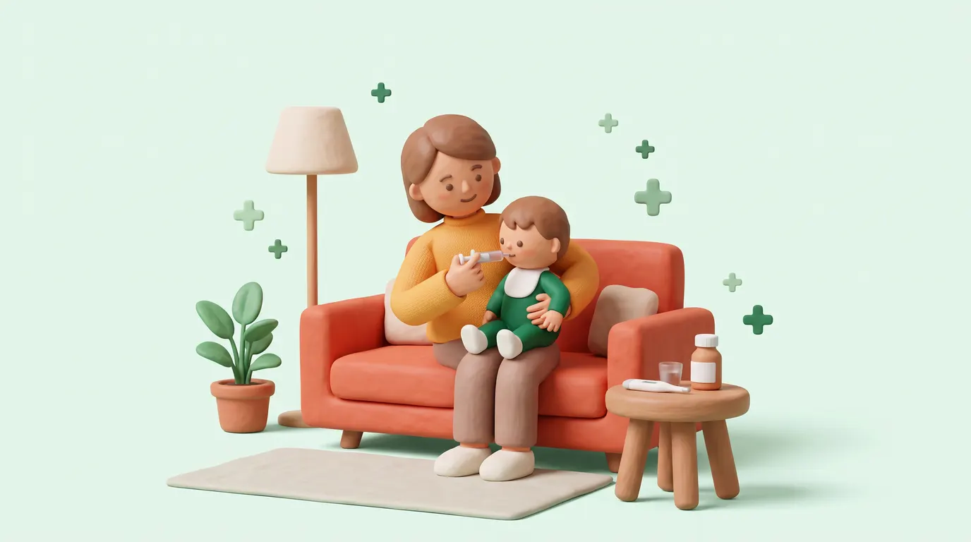 Madre con su hijo pequeño en brazos, dándole un medicamento líquido con una jeringa dosificadora, con un termómetro digital y un frasco sin etiqueta en la mesita de al lado.