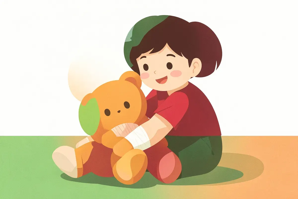 Nene jugando con un osito de peluche, con una curita en el brazo.