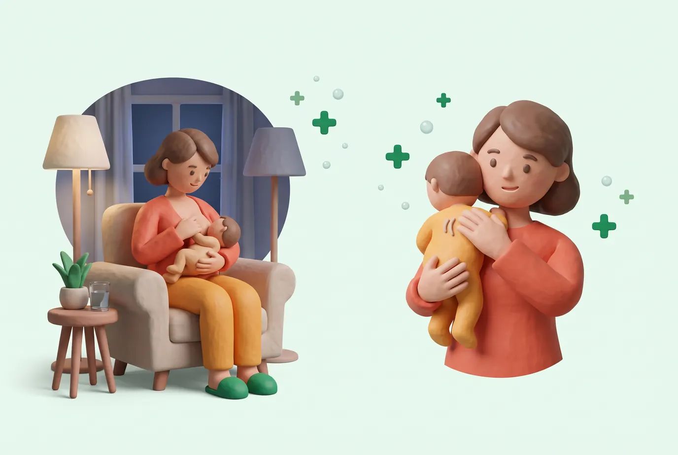 Consejos para prevenir los cólicos del bebé: madre dando el pecho en un sillón y madre sosteniendo al bebé en vertical