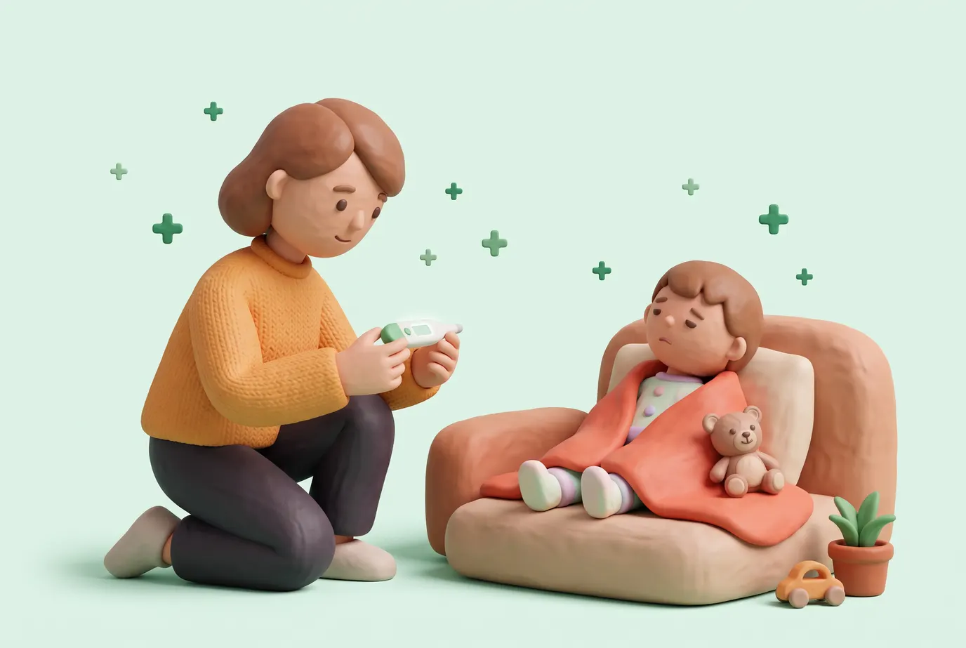 Madre preocupada mirando el termómetro de su hijo.