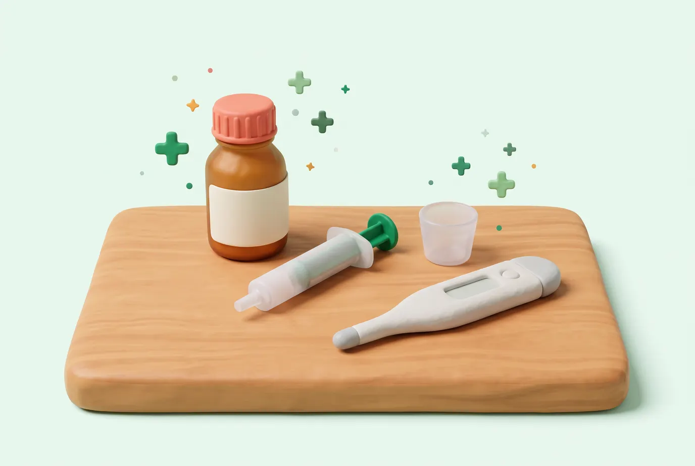 Frascos de jarabe y cajas de medicamentos infantiles sobre una mesa.