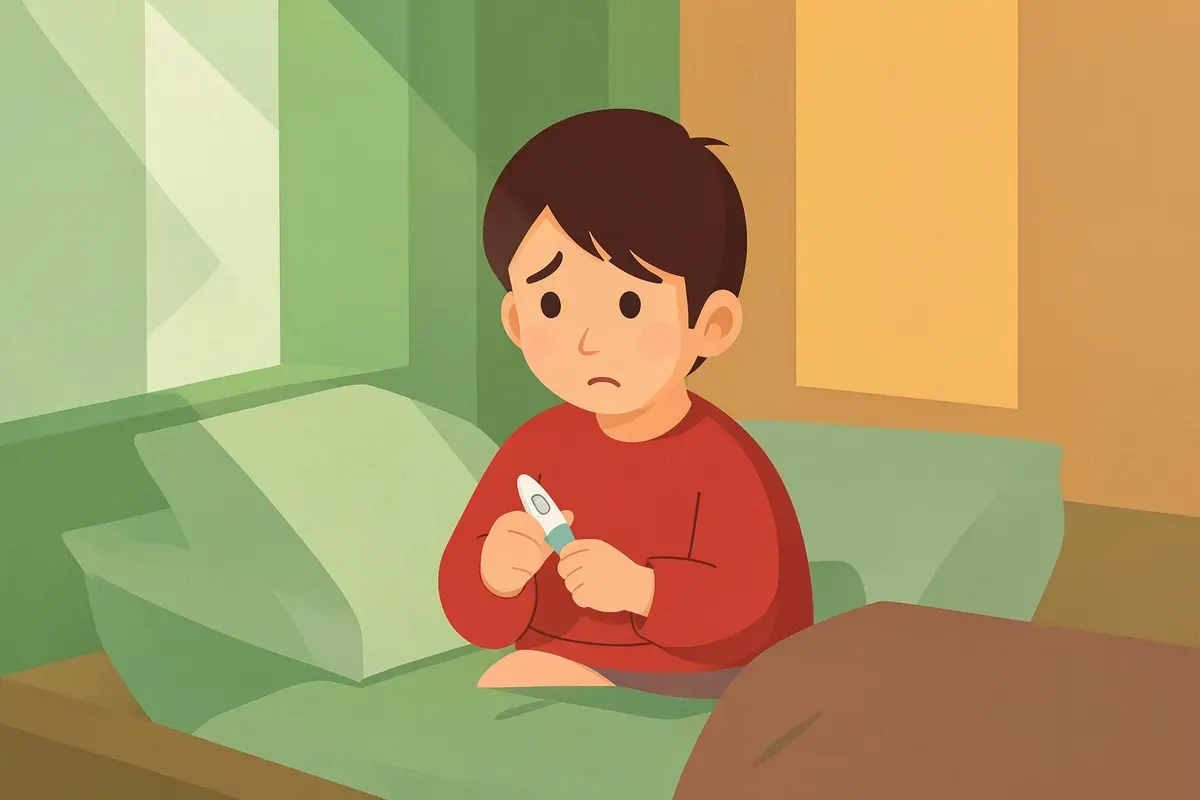 Niño sentado en la cama con un termómetro, todavía decaído.
