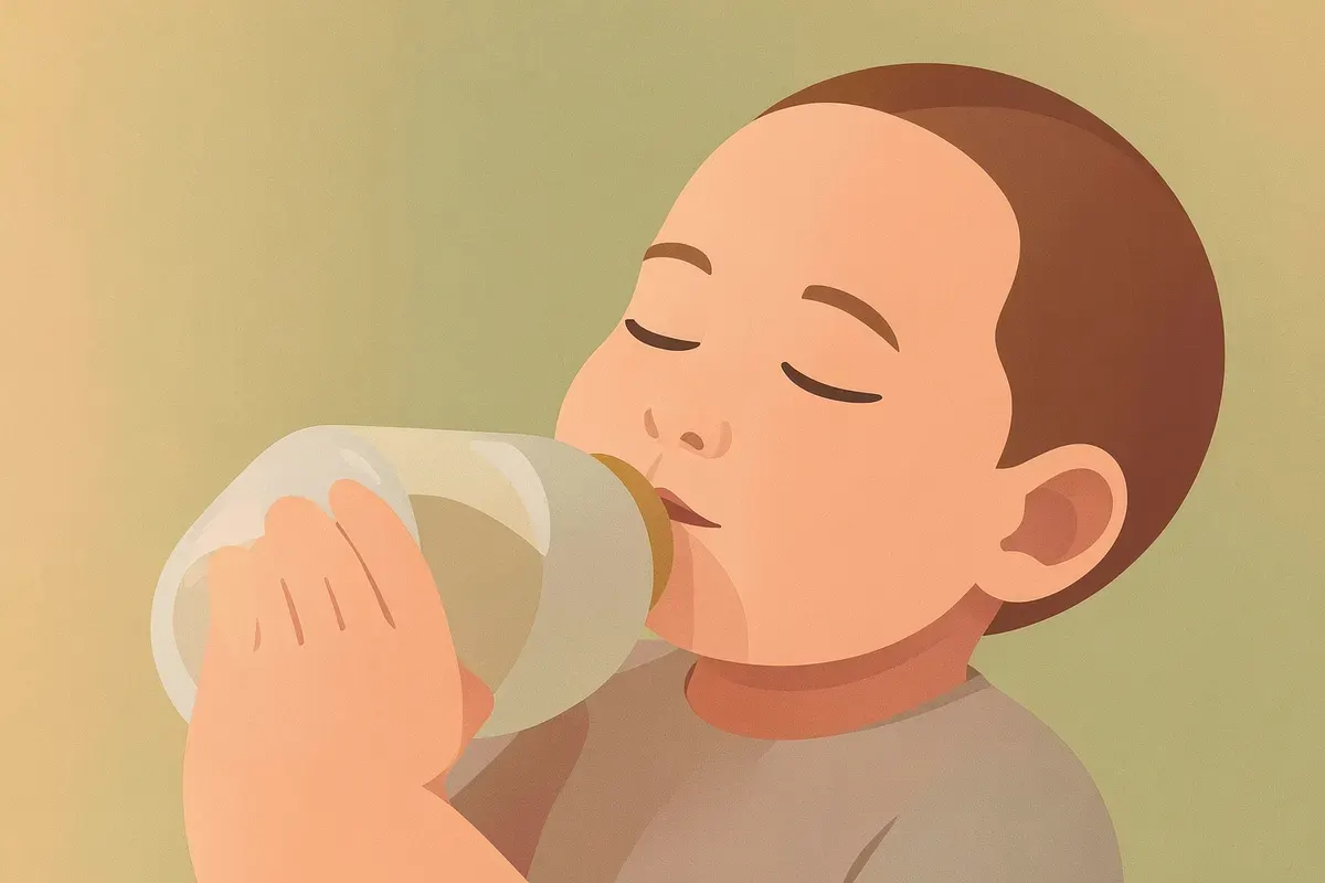 Bebé tomando un biberón, con expresión satisfecha y los ojos cerrados