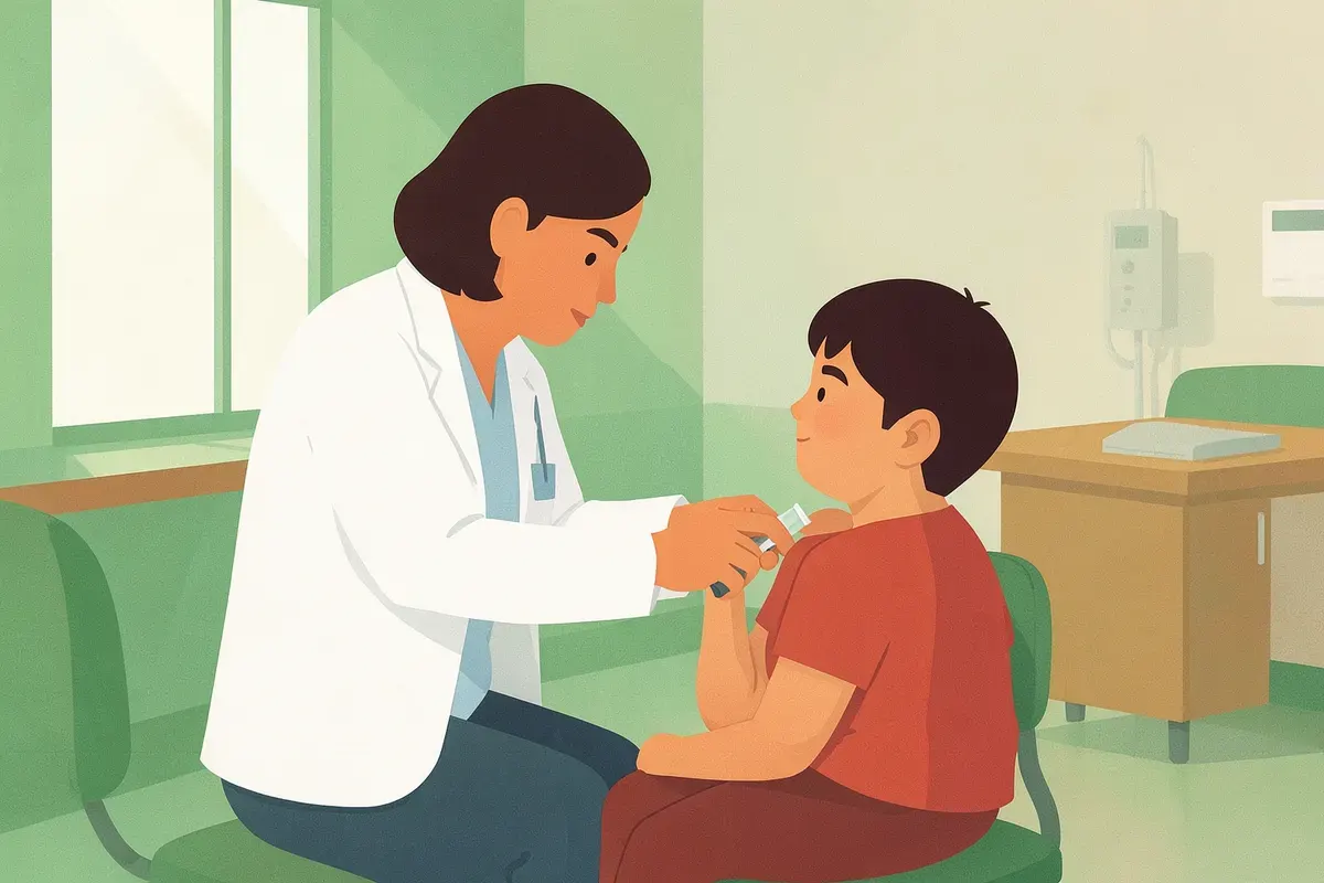 Profesional de la salud aplicando una vacuna a un nene en un centro de salud.