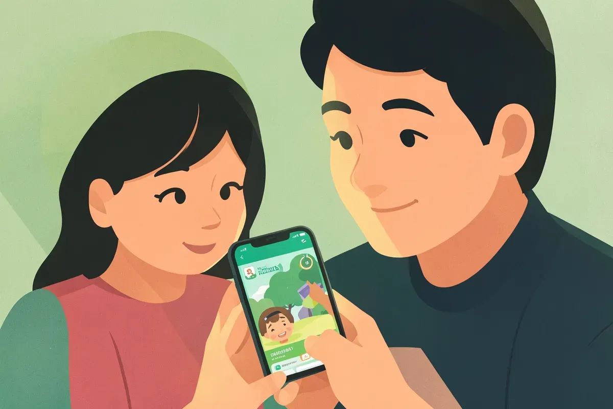 Papá mostrándole a su hija una aplicación de salud en el celular.