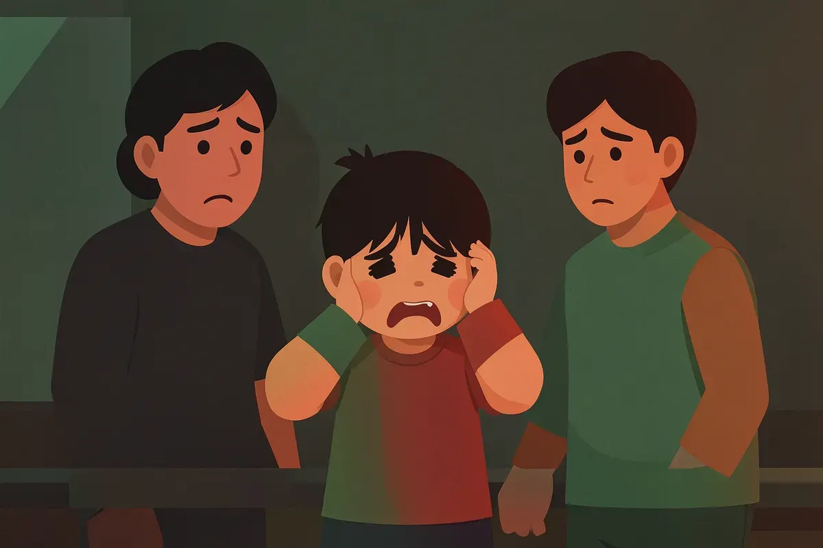 Niño llorando por dolor de oído, con los padres preocupados