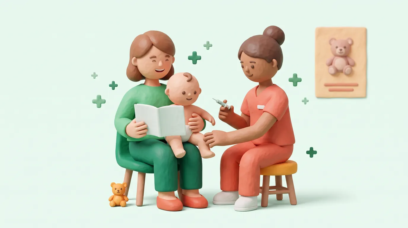 Madre con su bebé en brazos en un centro de salud, sosteniendo la libreta de vacunación mientras la enfermera se prepara para vacunar.