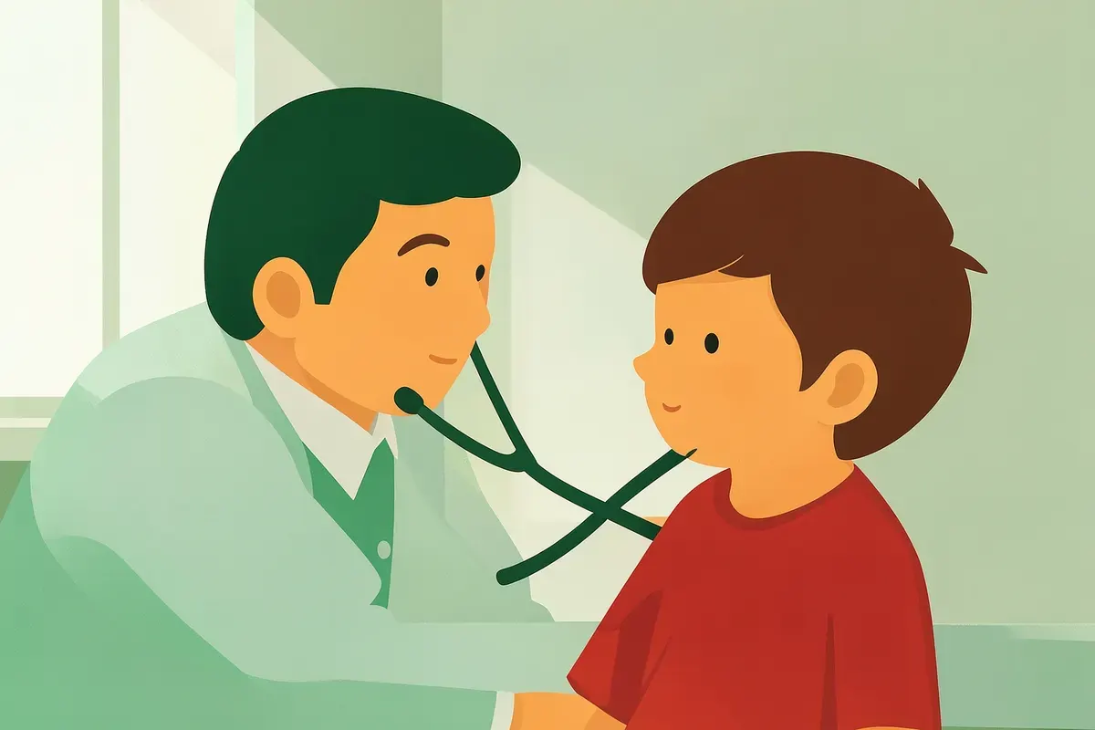 Pediatra explorando a un niño con un fonendoscopio